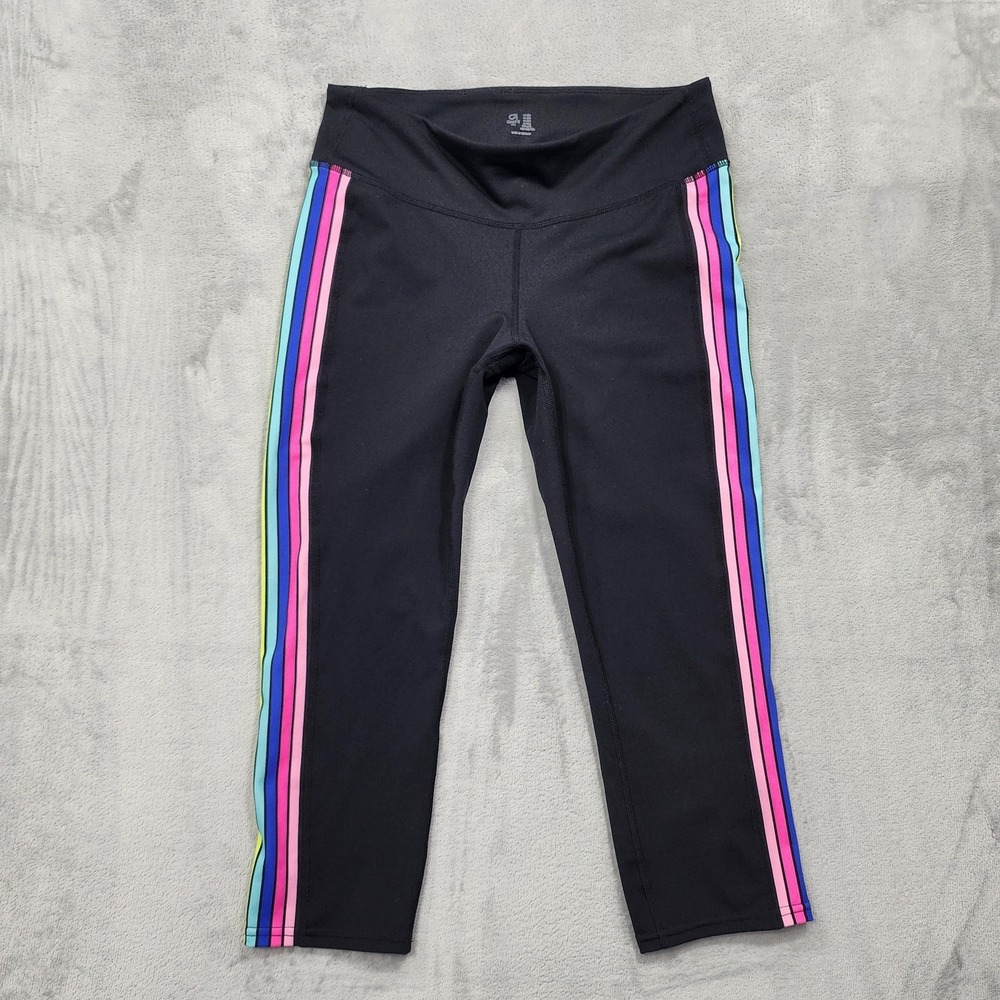 GapFit Leggings Womens M Black GFast Stripe Side Capri Yoga Gym Running Workout